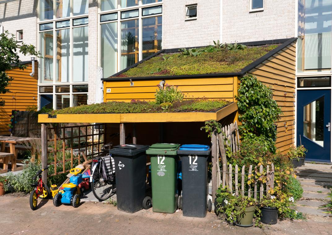Een groen dak op een schuurtje
