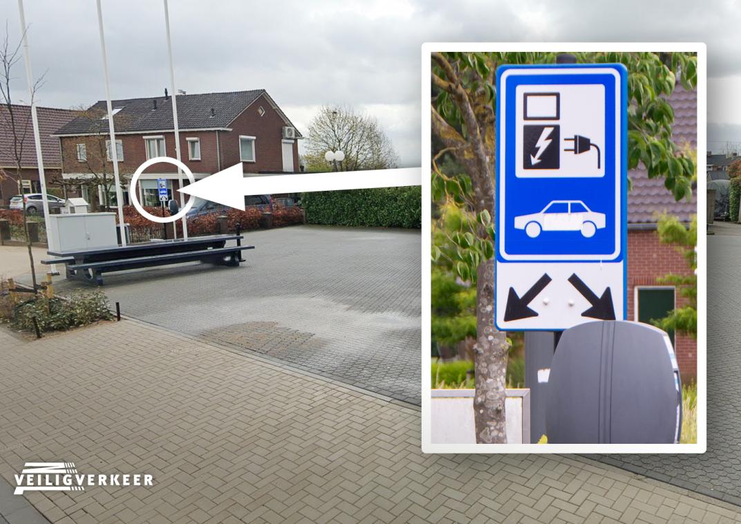 Verkeersbord dat een oplaadpunt voor elektrische auto’s aangeeft.