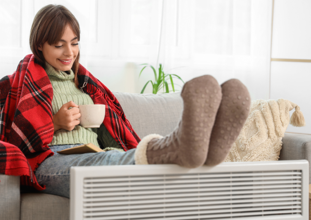 Een vrouw met haar sokken op een elektrische verwarming
