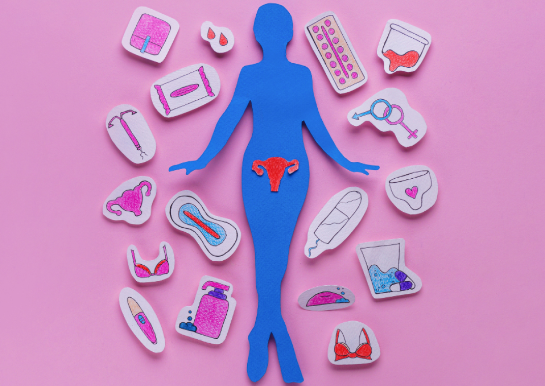 Silouet van vrouw met tekeningen eromheen die te maken hebben met menstruatie