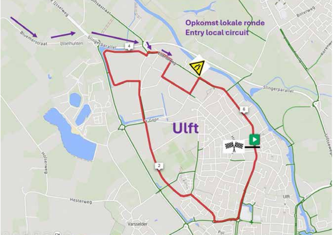 Plattegrond van Ulft waarop de route staat die de wielrenners fietsen tijdens de ronde van de Achterhoek