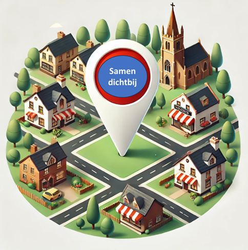 Illustratie: locatiepin in het midden met de tekst (samen dichtbij), daar omheen woonwijk