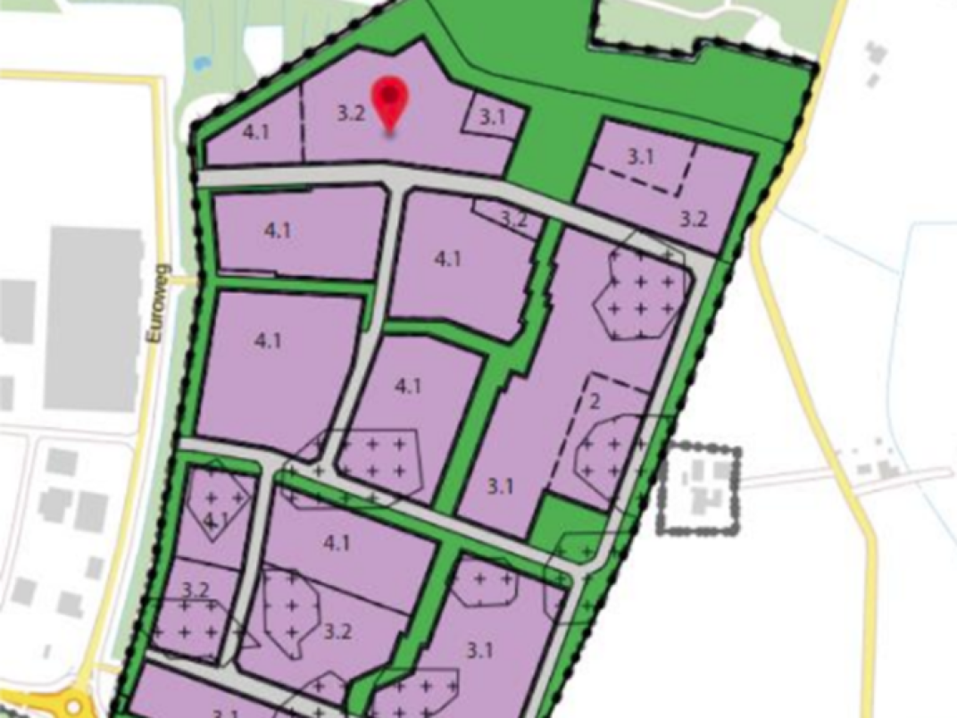 Grafisch bewerkte luchtfoto: milieucategorieën kavels op het Varsseveld industriepark