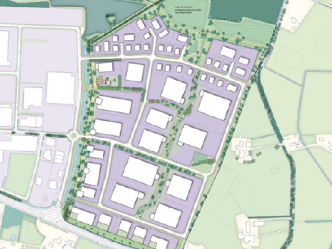Grafisch bewerkte luchtfoto: verkavelingskaart van het Varsseveld industriepark